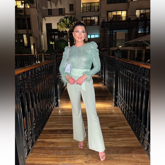 NEW SEASON Lavish Alice feather and sequin embellished jumpsuit in sage - Picture 2 of 14